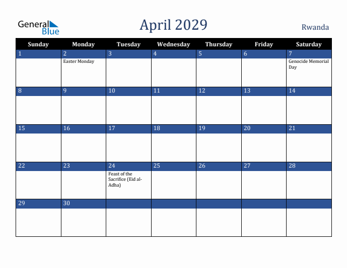 April 2029 Rwanda Calendar (Sunday Start)