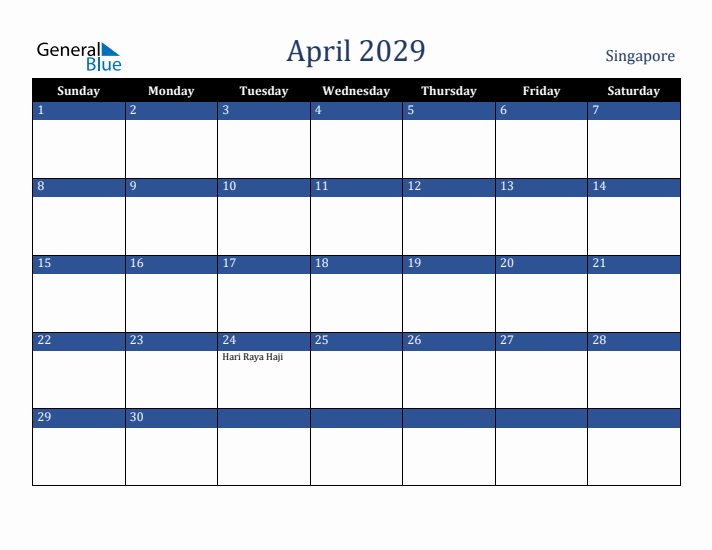 April 2029 Singapore Calendar (Sunday Start)