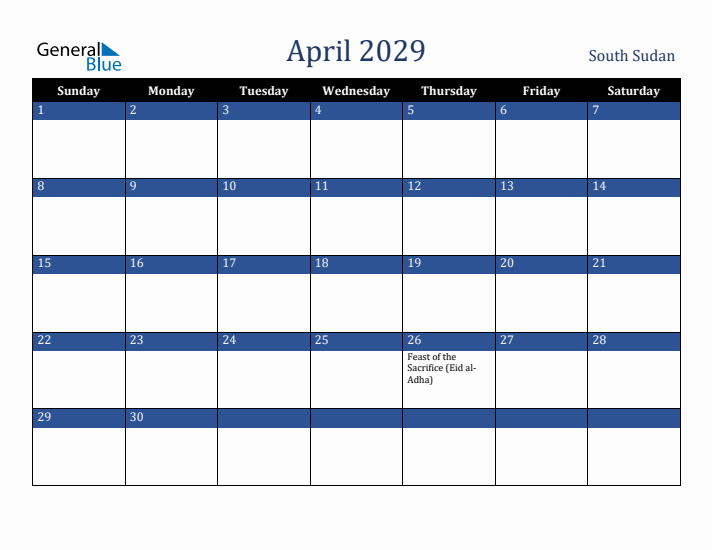 April 2029 South Sudan Calendar (Sunday Start)