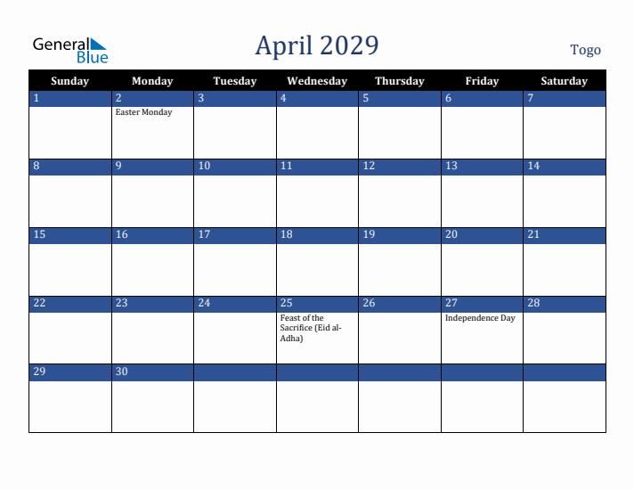 April 2029 Togo Calendar (Sunday Start)