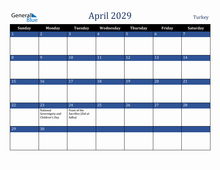 April 2029 Turkey Calendar (Sunday Start)