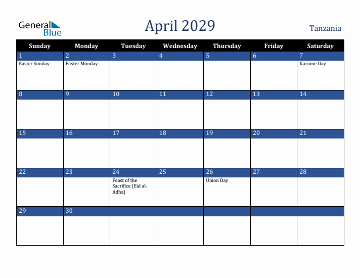 April 2029 Tanzania Calendar (Sunday Start)