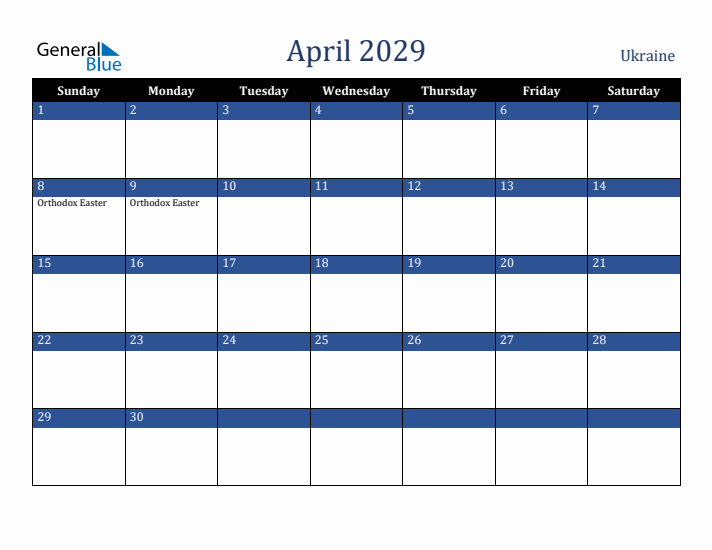 April 2029 Ukraine Calendar (Sunday Start)