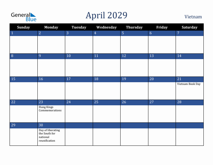 April 2029 Vietnam Calendar (Sunday Start)