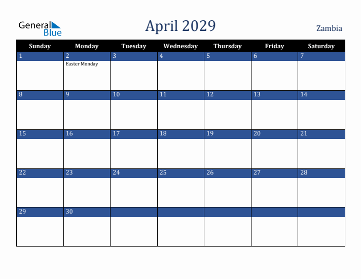April 2029 Zambia Calendar (Sunday Start)