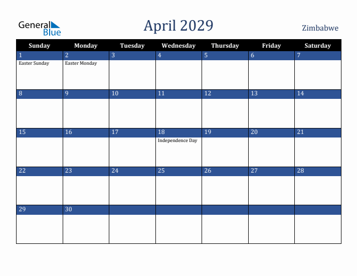April 2029 Zimbabwe Calendar (Sunday Start)