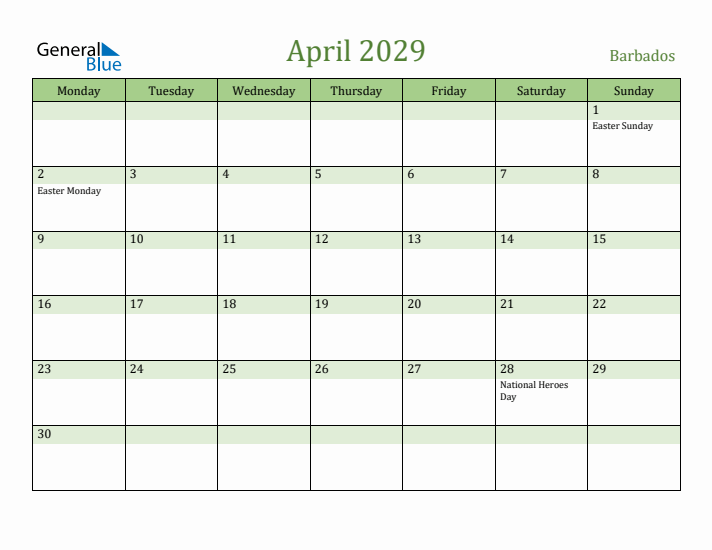 April 2029 Calendar with Barbados Holidays