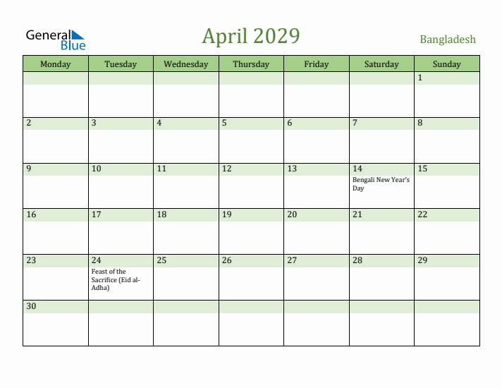 April 2029 Calendar with Bangladesh Holidays