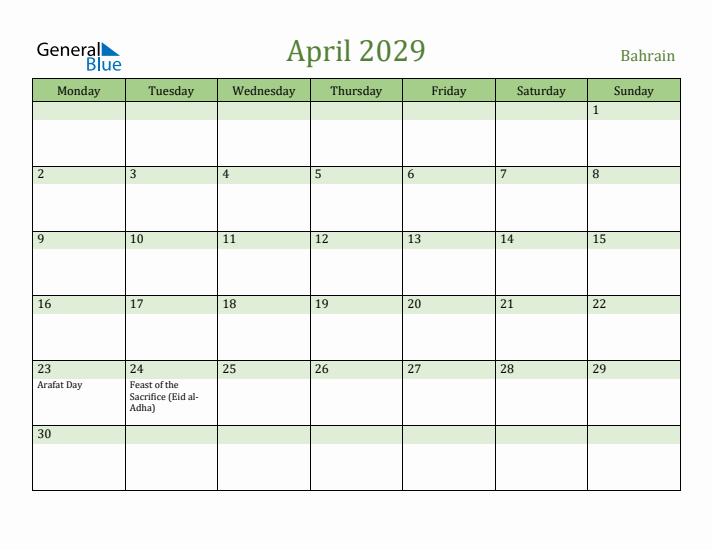 April 2029 Calendar with Bahrain Holidays