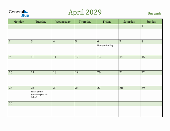 April 2029 Calendar with Burundi Holidays