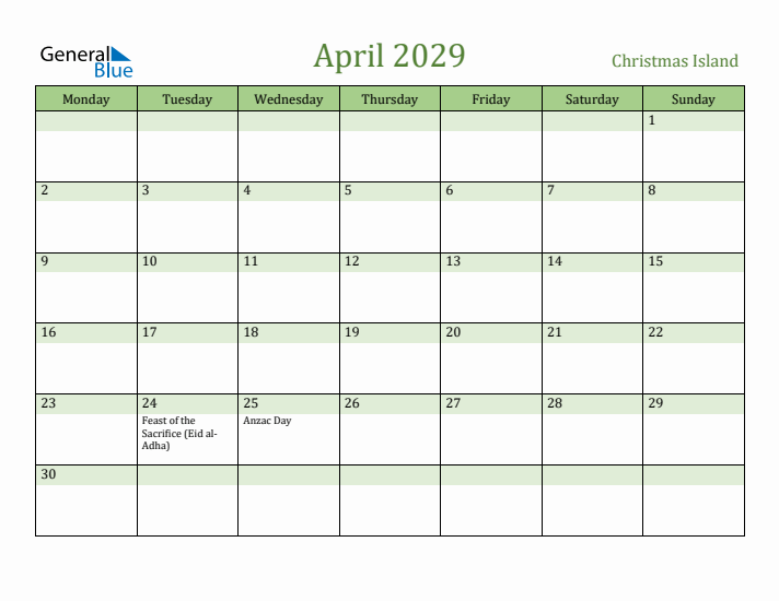 April 2029 Calendar with Christmas Island Holidays