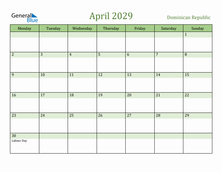 April 2029 Calendar with Dominican Republic Holidays