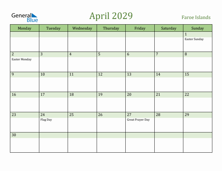 April 2029 Calendar with Faroe Islands Holidays