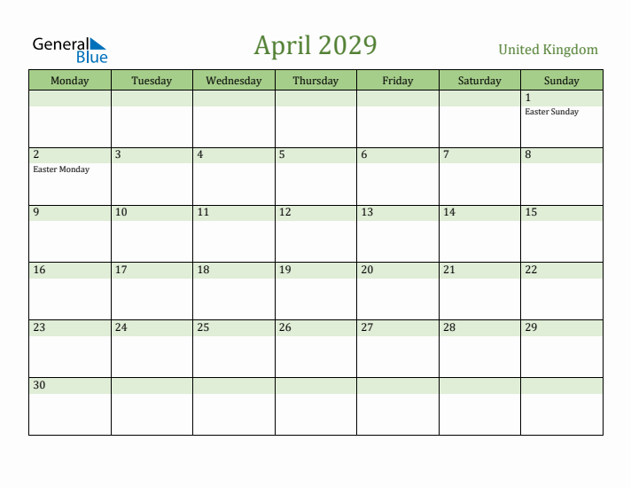 April 2029 Calendar with United Kingdom Holidays