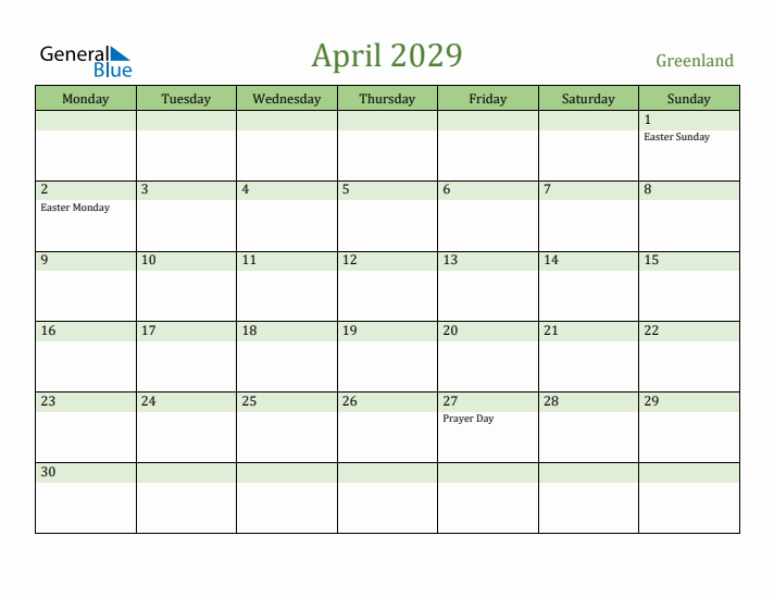 April 2029 Calendar with Greenland Holidays