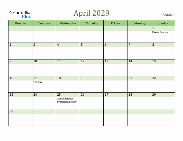 April 2029 Calendar with Guam Holidays