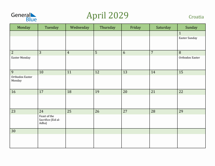 April 2029 Calendar with Croatia Holidays