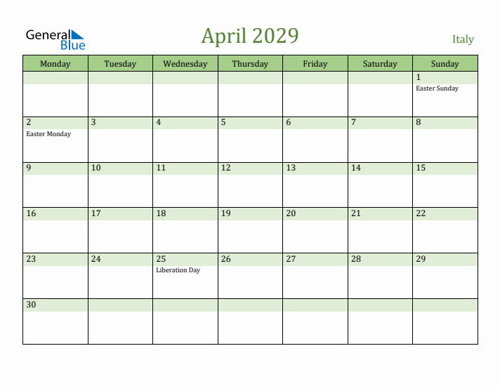 April 2029 Calendar with Italy Holidays