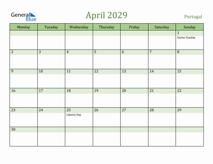 April 2029 Calendar with Portugal Holidays