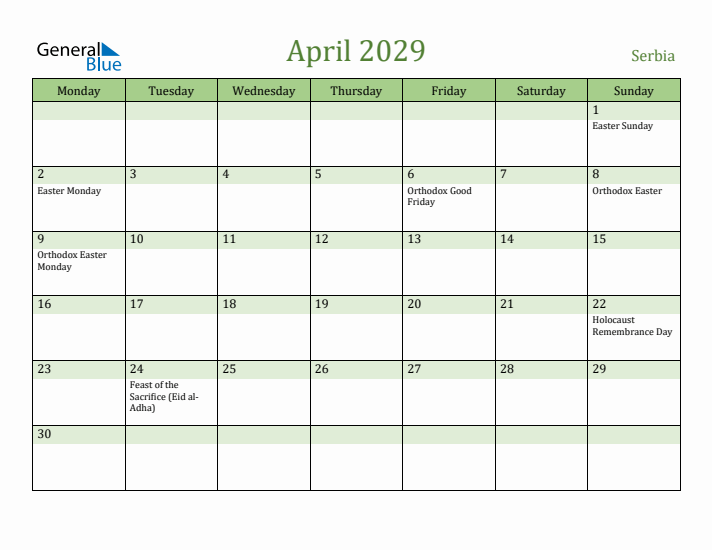 April 2029 Calendar with Serbia Holidays
