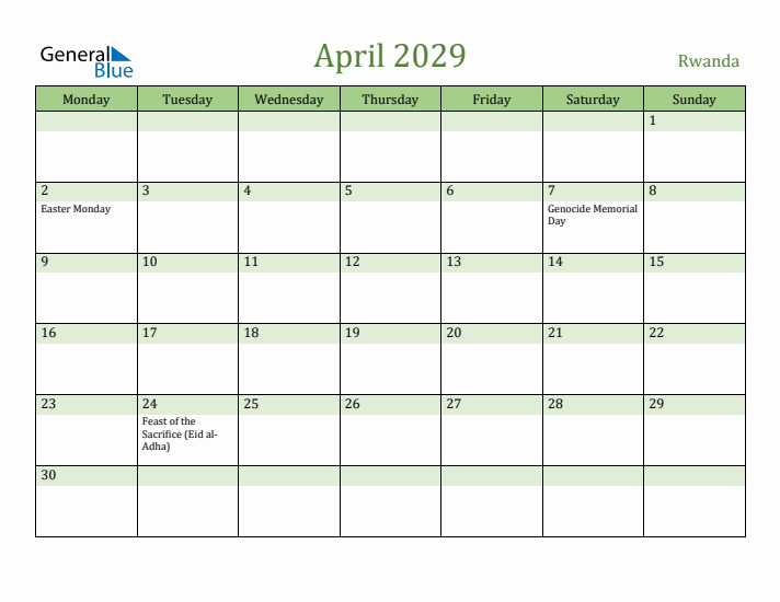 April 2029 Calendar with Rwanda Holidays