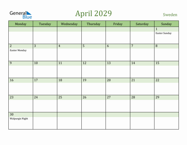 April 2029 Calendar with Sweden Holidays