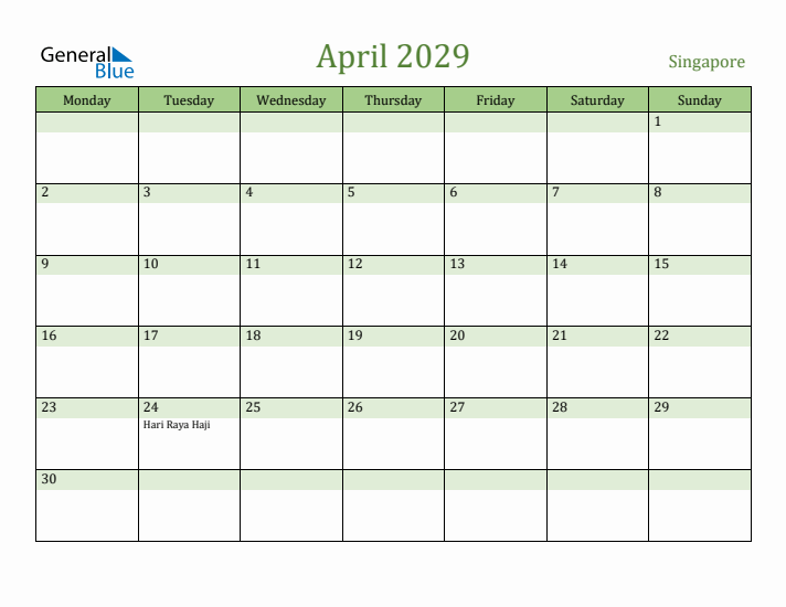 April 2029 Calendar with Singapore Holidays