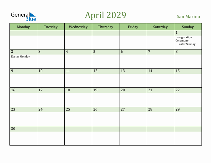 April 2029 Calendar with San Marino Holidays