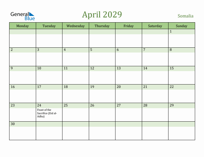 April 2029 Calendar with Somalia Holidays