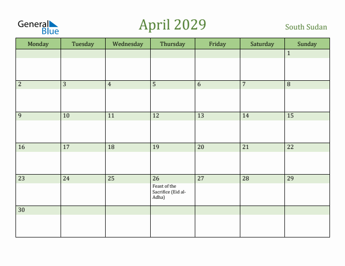 April 2029 Calendar with South Sudan Holidays