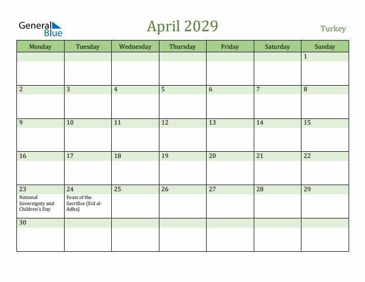 April 2029 Calendar with Turkey Holidays