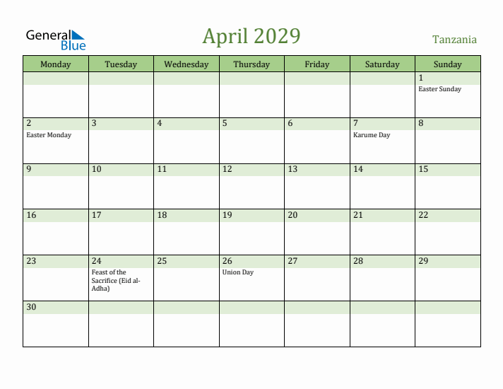 April 2029 Calendar with Tanzania Holidays