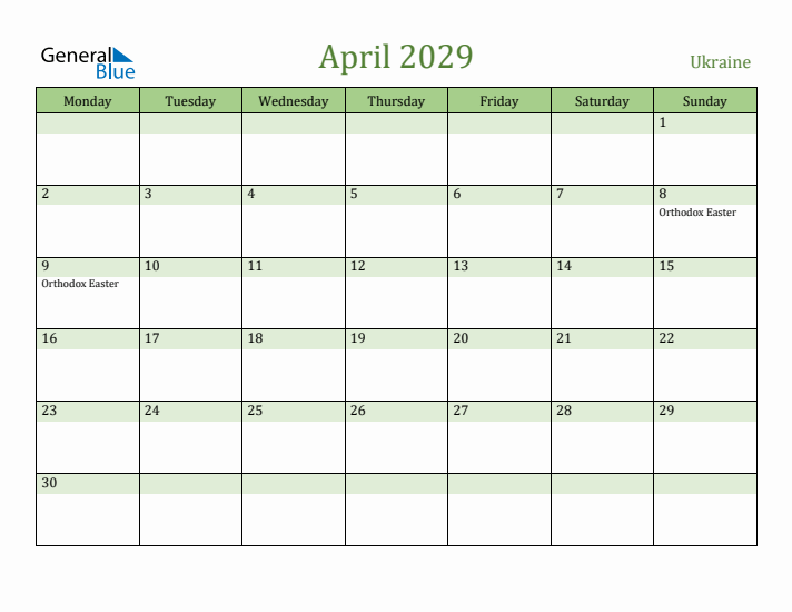 April 2029 Calendar with Ukraine Holidays