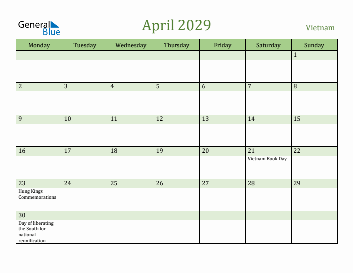 April 2029 Calendar with Vietnam Holidays