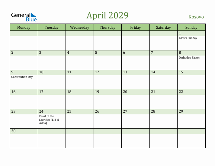 April 2029 Calendar with Kosovo Holidays