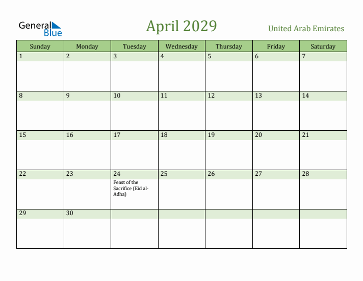 April 2029 Calendar with United Arab Emirates Holidays