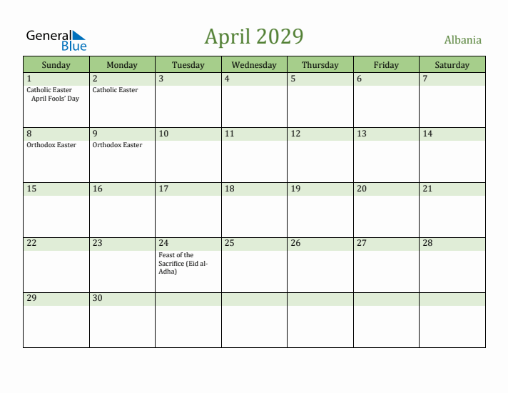 April 2029 Calendar with Albania Holidays