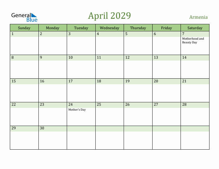 April 2029 Calendar with Armenia Holidays