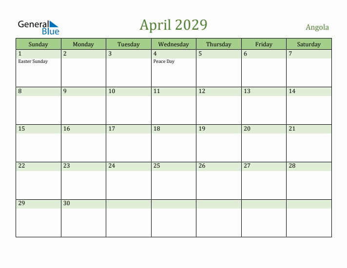 April 2029 Calendar with Angola Holidays