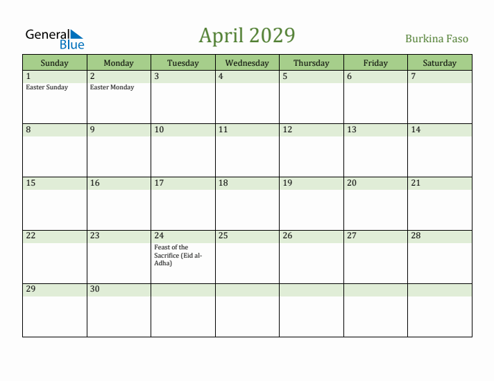 April 2029 Calendar with Burkina Faso Holidays