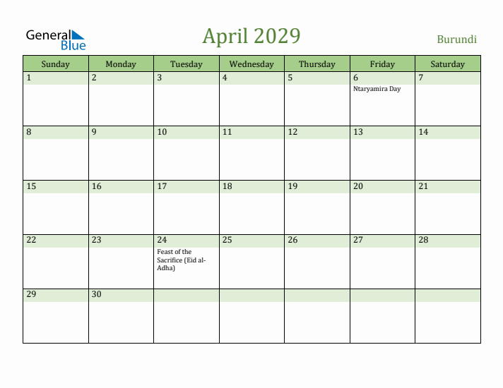April 2029 Calendar with Burundi Holidays