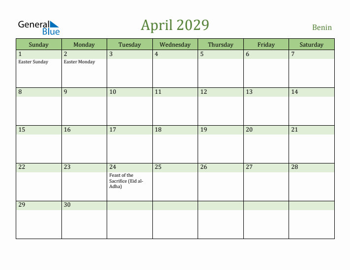 April 2029 Calendar with Benin Holidays