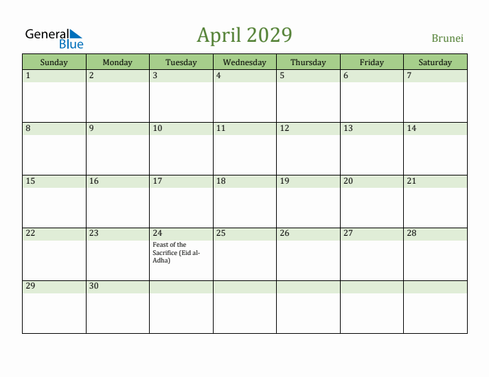 April 2029 Calendar with Brunei Holidays
