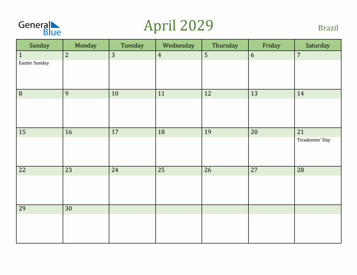 April 2029 Calendar with Brazil Holidays