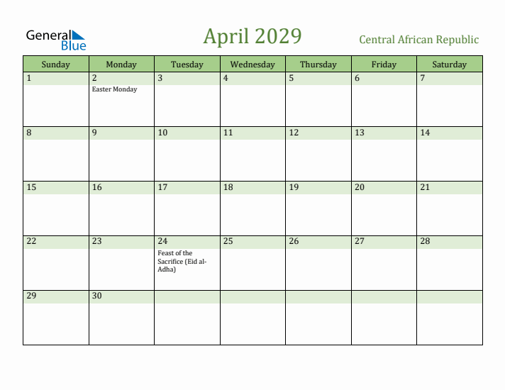 April 2029 Calendar with Central African Republic Holidays