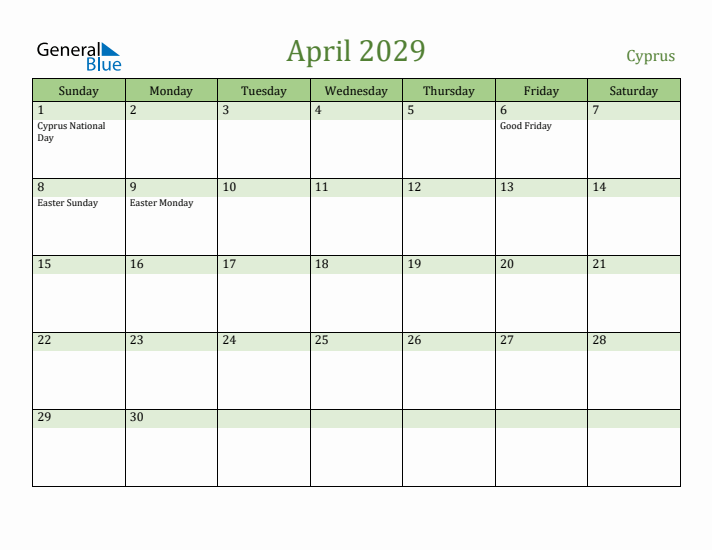 April 2029 Calendar with Cyprus Holidays
