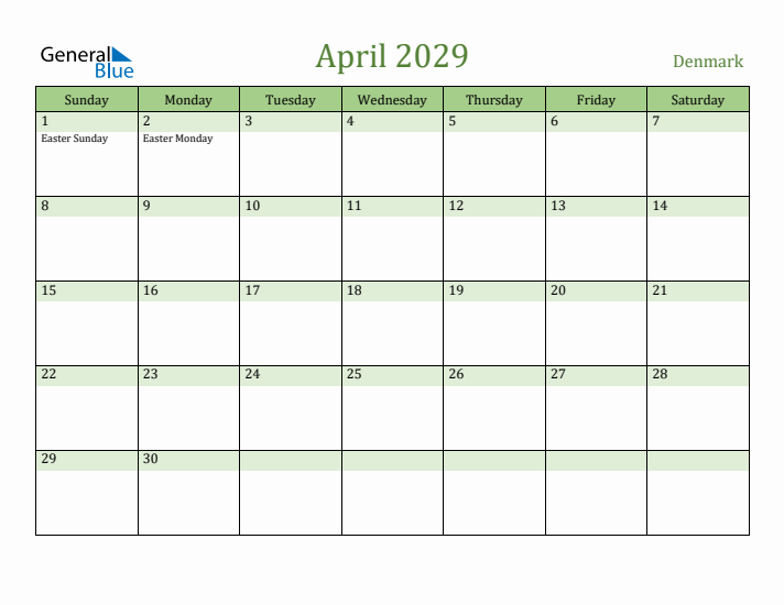 April 2029 Calendar with Denmark Holidays