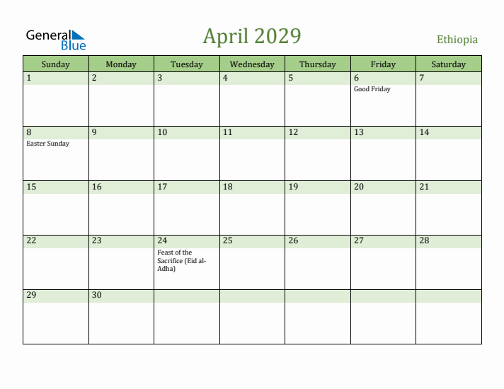 April 2029 Calendar with Ethiopia Holidays