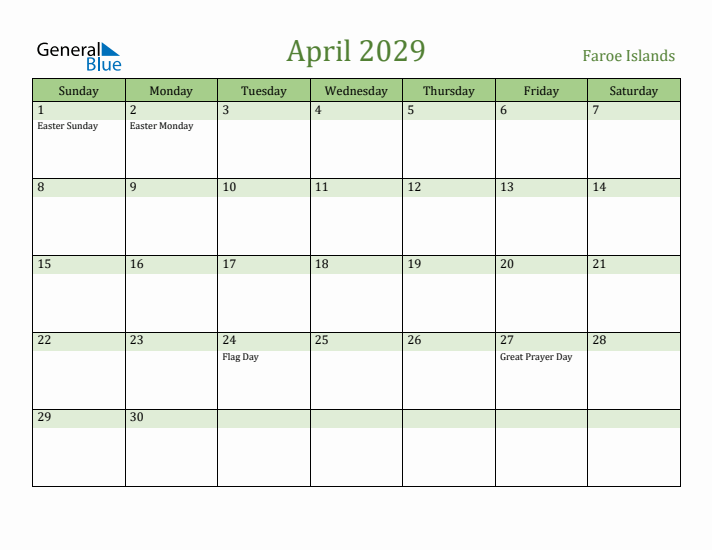 April 2029 Calendar with Faroe Islands Holidays