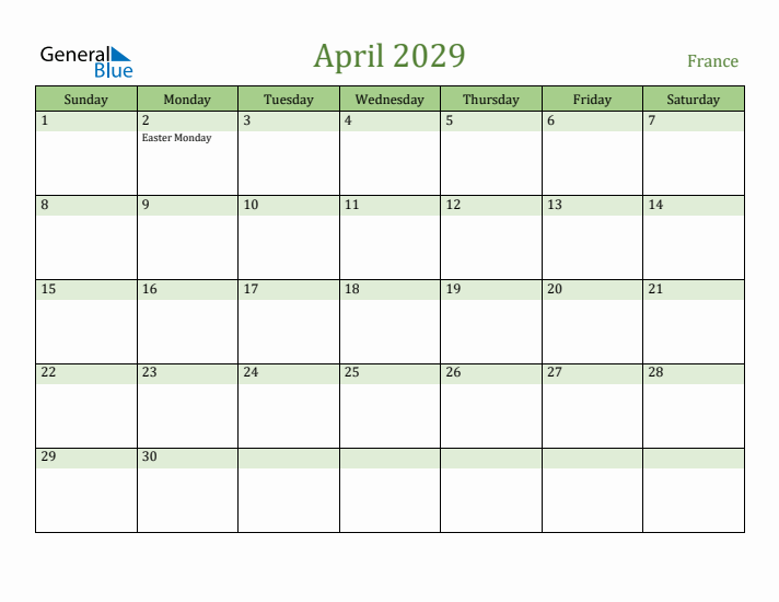 April 2029 Calendar with France Holidays